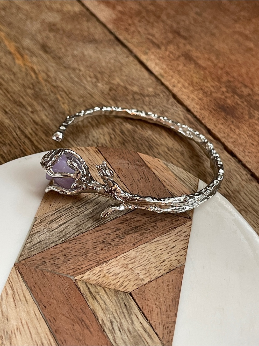 Silver Twisted Rose Cuff Bracelet with Lavender Stone